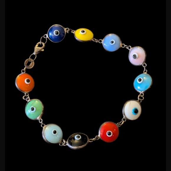 925 Oxidized Sterling Silver Multicolor Evil Eye Size 6.75" Bracelet - Picture 1 of 10